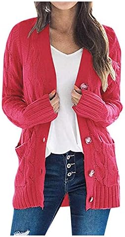 Veste Mi-Saison Pour Femme - Cardigan Long En Tricot Épais Rose - Veste Élégante Grandes Tailles Avec Poches Et Boutons