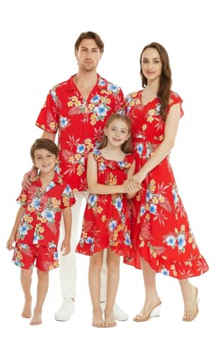 Image of Matchable Family Hawaiian Luau Men Women Girl Boy Clothes in Hibiscus Red
