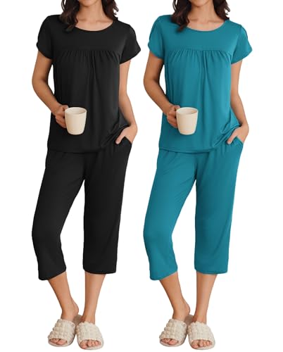 Image of Ekouaer Women's Capri Pajama Set Short Sleeve Mumu Pjs Pleated Top Capri Pants with Pockets Sleepwear Lounge Set