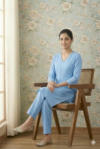 Image of JAIPUR HAND BLOCK Women's Cotton plain Straight Salwar Suit | V-Neck | 3 /4th Sleeve | Regular Fit | Daily, Office & Ethnic Wear(ST00125-V-NEW)