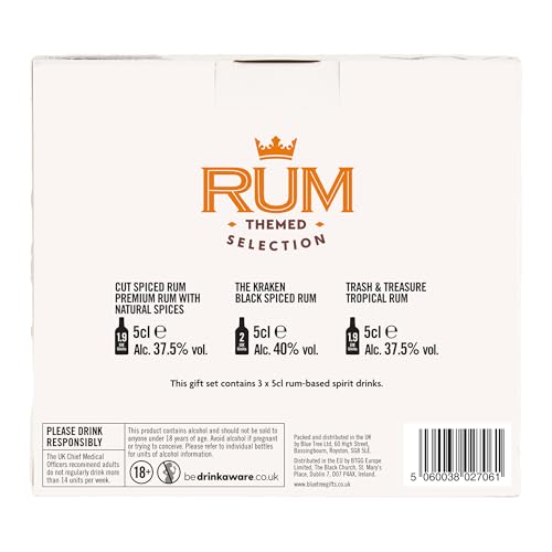 A Selection of Spiced and Flavoured Rums, including 3 x 5cl bottles. Cut Spiced Rum, Kraken and Trash & Treasure Tropical Rum Miniature. Perfect for Rum Lovers, by Blue Tree Gifts