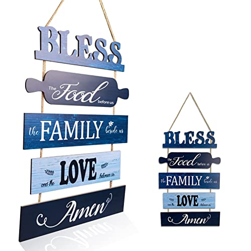 Jacriah Farmhouse Kitchen Wall Decor, Bless the Food Before Us Sign, Rustic Inspirational Wall Art Sign, Blue Wood Wall Hanging Plaque Sign, Country Wall Decoration for Living Room Dining Room Bedroom