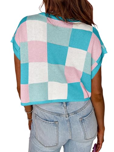 Image of Saodimallsu Womens Cap Sleeve Crop Tops Summer Color Block Going Out Crew Neck Knit Trendy Casual Sweater