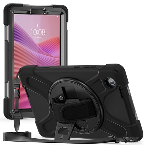 ProCase レノボ Tab one ケース Lenovo 8.7インチ 2025年モデル用 耐衝撃 防護カバー 回転式キックスタンド&ハンドル付き ショルダーストラップ同梱 - ブラック