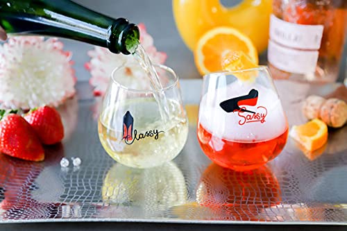 Drinking Divas 'Classy' And 'Sassy' Wine Glasses - Set Of Two 12Oz Stemless Rolling Tumblers - Cute & Fun Birthday Gifts For Mom Girlfriend, Wife Best Friend Sister Wedding Mother's Day Bachelorette #TOP4