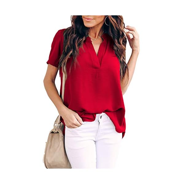 Allimy-Women-Summer-Casual-Split-V-Neckline-Chiffon-Blouses-Loose-Tunic-Short-Sleeve-Tops Allimy Women Summer Casual Short Sleeve V Neck Chiffon Blouses Fashion 2023 Tops Large Red
