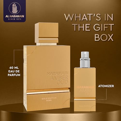 Image of Al Haramain Amber Oud Gold Edition Eau De Parfum Spray 60ml + ATOMIZER - Unisex Perfume Arabian Perfumes for Women & Men - Long-Lasting Sweet Fragrance Arabic Cologne - Men & Women's Gift (2 oz.)