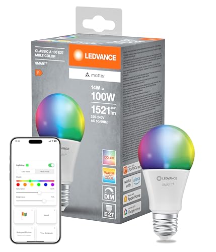 Ledvance Lampada Led Smart+ Matter, Smerigliata, 14W, 1521Lm, Forma a Goccia E27, Luce Colorata e Luce Bianca, Compatibile con Google, Alexa, Apple, App o Controllo Vocale, Durata Fino a 20.000 Ore