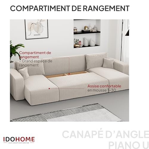 Canapé U XL convertible velours beige rangement IDOHOME