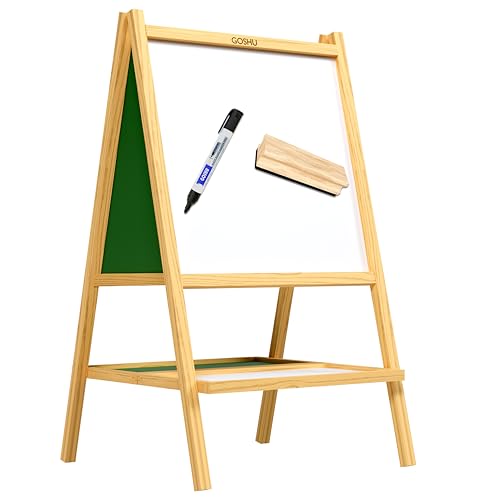Image of GOSHU 5 Ft. Double Sided Wooden Easel Stand Whiteboard and Chalkboard for Adults, A-Type Foldable Writing Board with Tray for Classroom, Office, Coaching and Home Use (Adults, Pack of 3 Items)