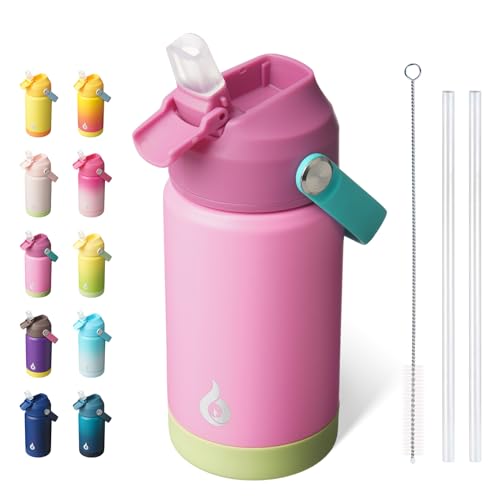 Image of BJPKPK Insulated Water Bottle with Straw Lid, 12oz Thermo Water Bottles, Flex Handle & Non-slip Boot, BPA Free Leak Proof Stainless Steel Metal Thermo, Tumblers, Cups,Rose Pink
