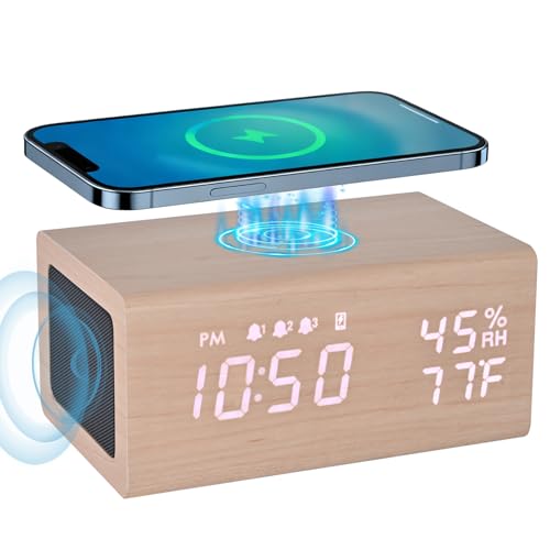Wooden Digital Alarm Clocks,10W Wireless Charging with 3 Alarms, Dual 5W Stereo Bluetooth Speaker and Light Up with Sound, Adjustable Brightness Date Display Clock for Bedroom, Heavy Sleepers Adults