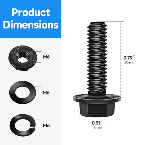 Image of (10Sets) M6 Bolt x 20mm Flanged Hex Head Bolts, External Flange Hex Drive M6 Screws, Class 10.9 Black Zinc Plated Alloy Steel Metric M6x1.0 Bolts Kit