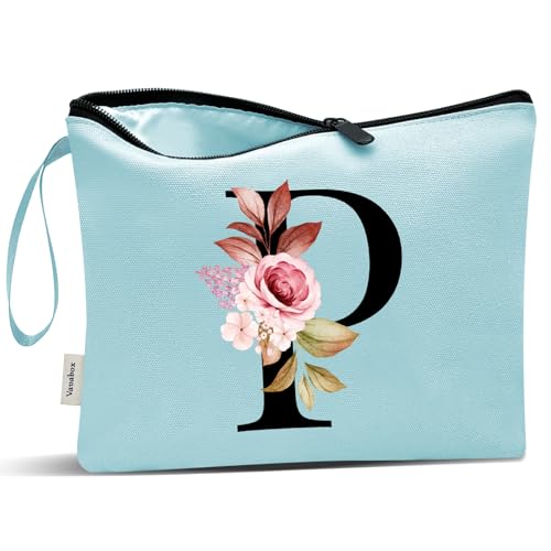 Image of Vavabox A-Z Personalized Makeup Bag, Birthday Gifts for Women Mom, Gifts for Best Friend, Bride Bridesmaid Cosmetic bag (P, Aqua)