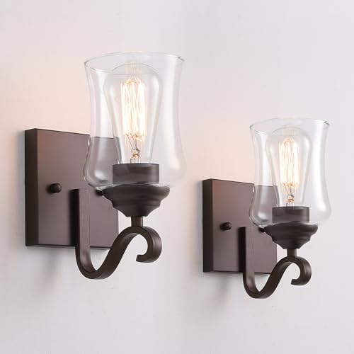 Woodafu Oil Rubbed Bronze Wall Sconces Set of Two, Bronze Farmhouse Bathroom Wall Sconces Set of Two with Clear Glass for Bathroom Hallway Stairwell Dining Room