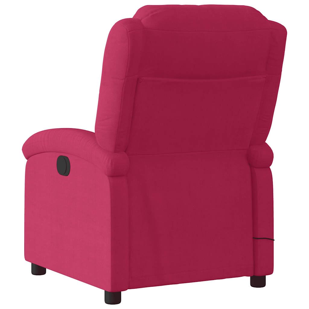 Fotel relaksacyjny w kolorze czerwonego wina aksamitu, z ręczną funkcją leżenia, ergonomiczny, wygodny, z drewnianą ramą i szerokimi podłokietnikami, do salonu, kącika do czytania, lounge