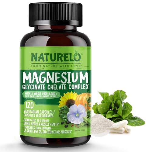 NATURELO Magnesium Glycinate Chelate Complex - 200 mg Magnesium with Organic Vegetables to Support Sleep, Calm, Muscle Cramp & Stress Relief – Gluten Free, Non GMO - 120 Capsules