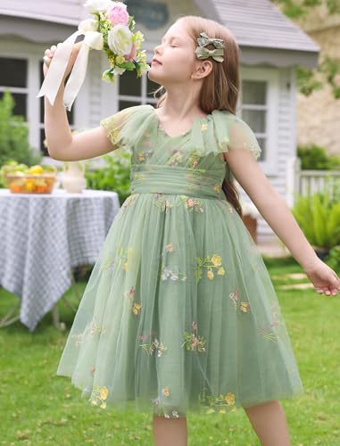 IMEKIS Girls Embroidered Flower Tulle Dress Kids Princess Formal Party Evening Pageant Dresses 2-7T3