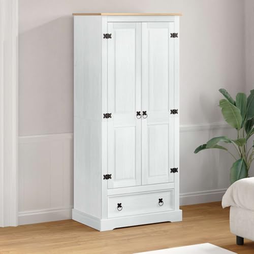 Mokuyary - Armario con cajón, color blanco, 76 x 50 x 170 cm, pino macizo, armario para sala de estar, dormitorio, vestidor, oficina