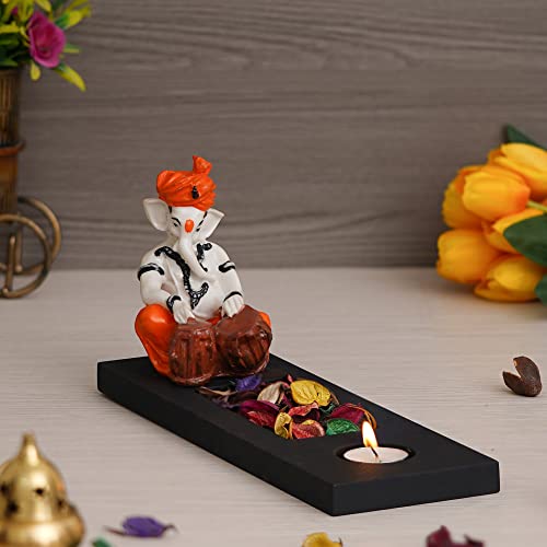 Image of eCraftIndia Orange White Resin Lord Ganesha Idol Playing Tabla Showpiece Potpourri Rectangle Tea Light Candle Holder| Ganpati Murti Tea Light Holder Diwali Decoration Items for Home Decor| Diwali Gift