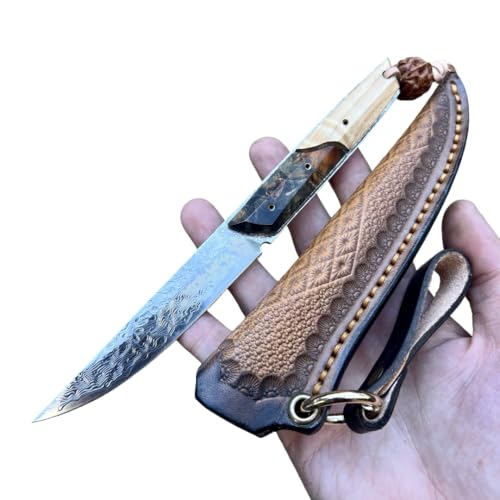 Obespina Magnifique Petit Couteau Lame Fixe Acier Damas Suminagashi Luxe Étui Chasse Collection Japonais Randonnée Camping Cadeau Homme Découpe Tranchant Full Tang Bushcraft Forgé Artisanat Stabilisé