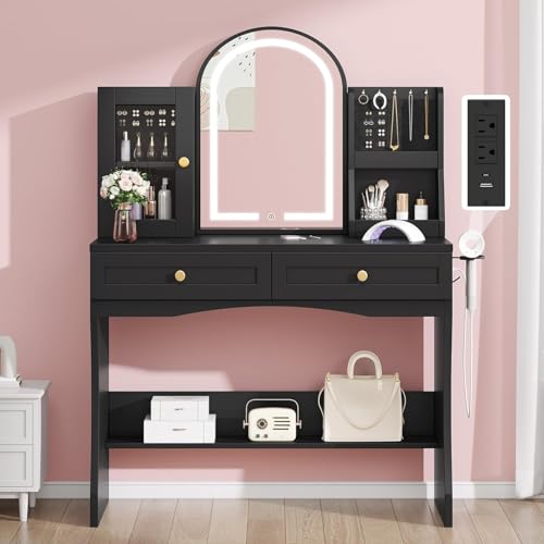 DWVO Makeup Vanity with Semicircle Mirror and Lights, Black Vanity Makeup Desk with Charging Station, Jewelry Storage Cabinet Shelves, Princess Style Vanity Table for Bedroom, 3 Lighting Modes