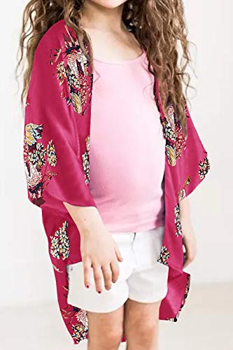 Geckatte Girls Boho Floral Kimono Cardigan Capes Summer Batwing Sheer Cover Up Blouse Tops (14#(12-13 Years), Rose Red) #TOP1