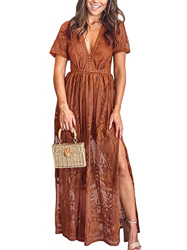 Eleter Women's Deep V-Neck Lace Romper Short Sleeve Long Dress