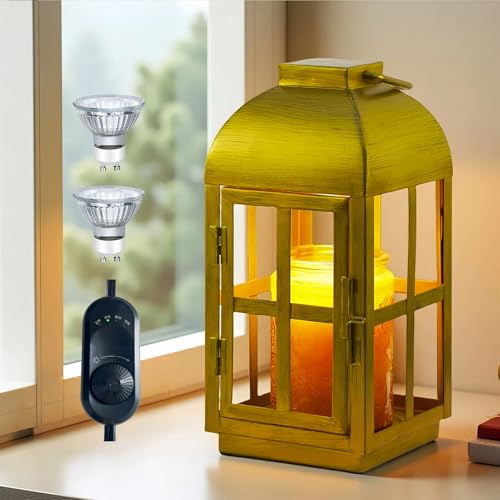 Farmhouse Candle Warmer Lamp with Timer,Lantern Candle Warmer,Large Candle Lamp Light Dimmable,Fully Enclosed&Hanging Up- Staying Away from Children/Pet,Gold Burner Lamp Candle Warmer with 2 Bulbs