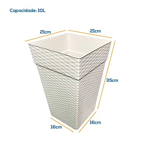 Vaso Polietileno Cachepot Rattan Quadrado Pequeno Branco 10L Decoração