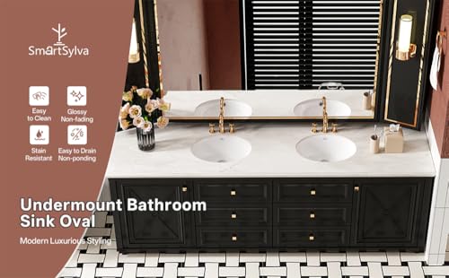 SmartSylva Undermount Bathroom Sink Oval, 14.75” x 11.5” (Interior Size) Oval Porcelain Ceramic Undermount Bathroom Vanity Vessel Sink with Overflow, White by SmartSylva - Used condition - Image 6