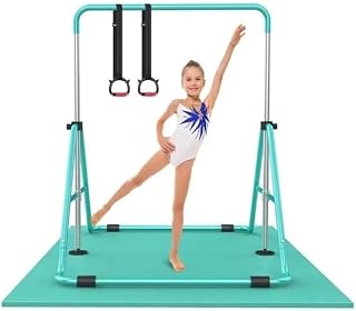 YZYTM Barra de Gimnasia Extensible - Barra de Entrenamiento Juvenil de Altura Ajustable for el hogar, Equipo de Barras horizontales de Gimnasia Plegables, con tapete(Green)
