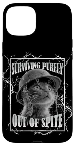 Surviving Out of Spite Funny Cat Dramatic Lightning Band X}zP[X iPhone 15 Plus p