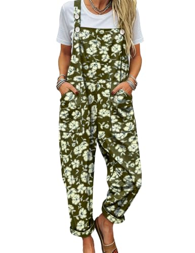 Image of YESNO Women's Overalls Cotton Boho Casual Floral Bib Jumpsuit Baggy Adjustable Strap Romper with Pockets PVV