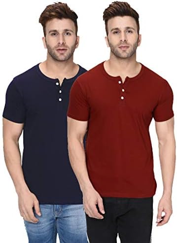 London Hills Henley Neck T Shirt for Men | Tshirt for Man | T Shirt for Men | Mens Casual T Shirts | Cotton Blend Solid Half Sleeve Button Neck Slim Fit Casual Tee (Pack of 2)