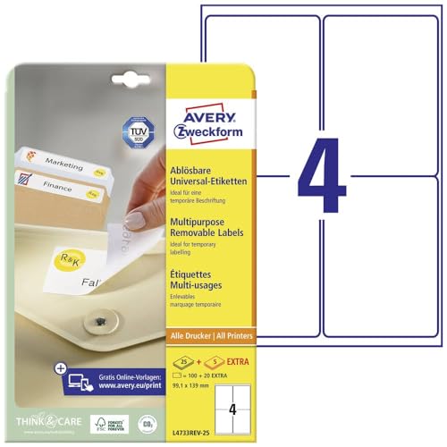 Avery L4733REV (99.1 x 139 mm), 100 etichette riposizionabili (25 fogli x 4), colore: Bianco