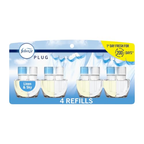 Febreze Plug in Air Freshener, Odor-Fighting Scented Oil Refill, Air Fresheners for Home and Bathroom and Kitchen, Long Lasting for Strong Odors, Linen & Sky Scent, 0.87oz Refills, 4 Count - image 1