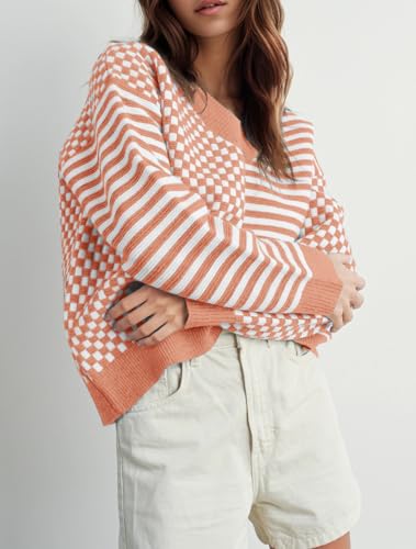 Image of UNCLECAT Womens Striped Checkered Sweater V Neck Fall Trendy Pullover Tops | Long Sleeve, Winter Clothes, Soft Jumpers, Business Casual Outfits, Cute, Fashion, Knitted Sweaters