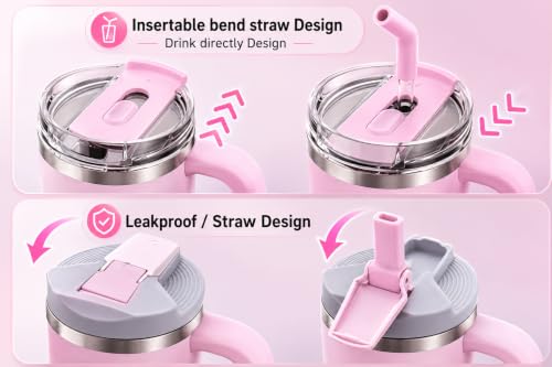 Image of Stainless Steel Double Layer Insulated Travel Tumbler with Two Lid, Straw, and Carry Handle, BPA Free, 40 oz. (Baby Pink)