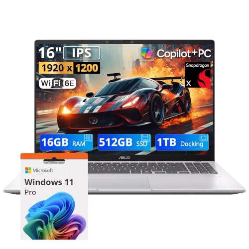 Image of ASUS Vivobook 16 Copilot+ 16 inch WUXGA IPS Laptop, Snapdragon X-X126100, 16GB RAM, 1.5TB Storage (512GB SSD+1TB Docking Station Set), Qualcomm Adreno, Backlit Keyboard, HD Camera, Win 11 Pro, Silver