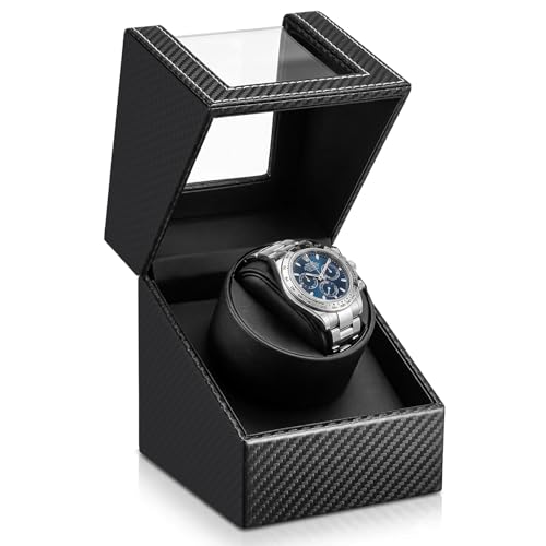 Vorzellum Watch Winder for Automatic Watches-Automatic Watch Winder Box with Japanese Quiet Motor USB-C, Anti-Magnetic Watch Case in Black Carbon Fiber Leather, Gift for Men Collectors Lovers