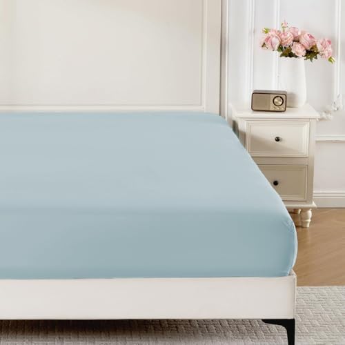 ROSE&RISY Light Blue King Fitted Sheet Soft and Breathable for Sleeping Cooling Fitted Sheets 16 Deep Pocket 1 Pack (Light Blue King Size)