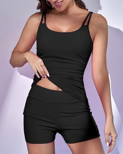 Eomenie Women's Swimsuit Tankini Set Modest Tummy Control Slimming Bathing Suits Two Piece Swim Suit with High Waisted Short3