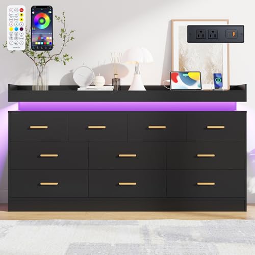 Image of Hlivelood 10 Drawer Dresser with LED Lights & Charging Station, Wide Wooden Chest of Drawers for Bedroom, Storage Organizer Cabinet, Modern TV Stand Dresser for Closet, Living Room, Hallway, Black
