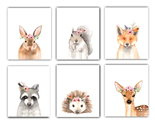 Image of Designs by Maria Inc. Set of 6 UNFRAMED Floral Crown Animal Posters | Woodland Nursery Decor | Watercolor Animal Wall Decor | Baby Decor For Nursery Wall Art | Baby Room Wall Decor For Kids (8"x10")