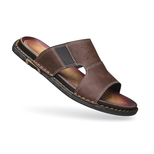Men's Leather Slip On Slides Sandals Lightweight Comfortable Open Toe Hand Stitched Soft Sole Casual Slippers Summer Anti-Slip Walking Beach Sandals