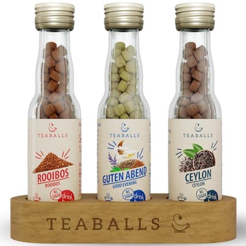 TEABALLS® Service à thé Relax avec 3 x Rooibos, Ceylan, Bonsoir + présentoir en bois pour environ 90-225 tasses de thé bio chaud sans sucre 100 % végétal apaisant