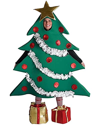 Acrawnni Erwachsenen-Weihnachtskostüm Herren Damen Passendes Partykostüm Lustiges Weihnachtsbaum-Cosplay-Kleid mit Geschenk-geformten Weihnachtskostümen, grün, One size