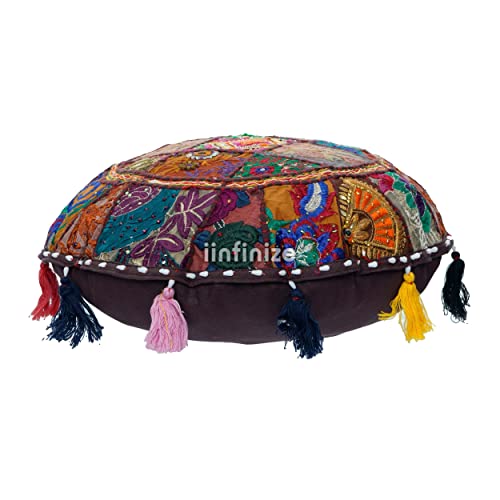 Iinfinize Indian Home Decor Bohemian Seating Pouf Meditation Vintage Hand Embroidered Cotton Handmade Patchwork Round Sofa Cushion Cover 16 Inch Floor Pillow Cover (Brown) #TOP3