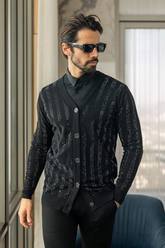 Barabas Men's Rhinestone Geometric Stretch Cardigan Sweater 4CJ023